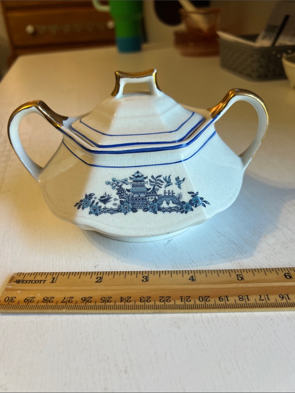 Limoges White Porcelain Sugar Bowl with Blue Willow Transfer and Gold Trim